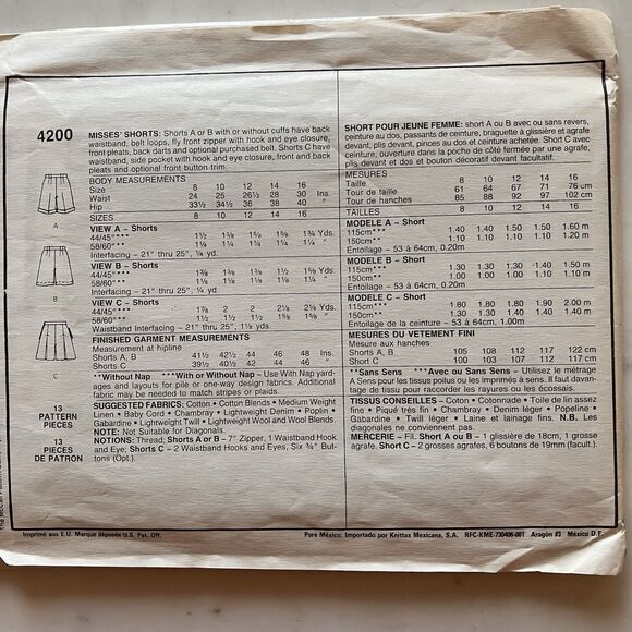 MCCALLS PATTERN 4200 SHORTS & SKIRTS MISSES SIZE 16 UNCUT Vintage - Picture 6 of 8